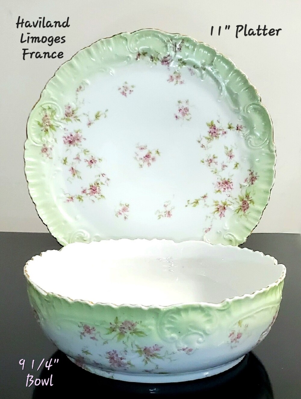 2pc Haviland Limoges 11" Platter & 9.25" Bowl Pink Rose Pale Green Edge China
